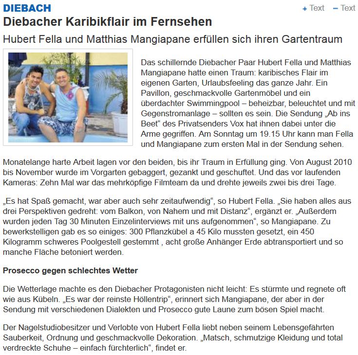 Diebacher Karibikflair im Fernsehen mit Die Fellas Hubert und Matthias